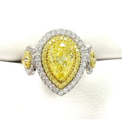 GIA 3.81 TCW Fancy Intense Yellow Pear Cut Diamond Ring 18k White Gold