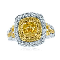 GIA 2.47 TCW Cushion Natural Fancy Intense Yellow Diamond Ring 18k Gold