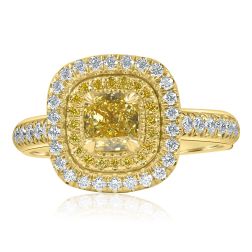 1.42 TCW GIA Fancy Intense Yellow Cushion Diamond Ring 18k Gold