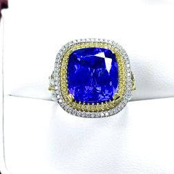 GIA 10.34 TCW Cushion Violet Blue Tanzanite Diamond Proposal Ring 14k Gold