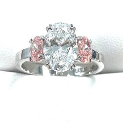 3 Stone IGI 2.04Ct D-VS1 Oval Cut Pink Side Lab Grown Diamond Ring 14K White Gold
