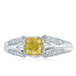 1.03 Carat Cushion Intense Yellow Diamond Engagement Ring 14k White Gold