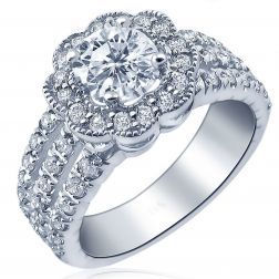 1.59 Ct Flower Halo Round Diamond Engagement Ring 14k White Gold