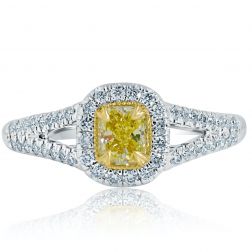 0.82 Ct Cushion Cut Yellow Diamond Engagement Ring 14k White Gold