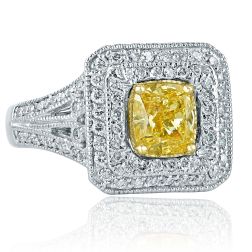  2.33 TCW Cushion Intense Yellow Diamond Engagement Ring 18k White Gold
