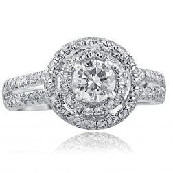 1.25 Ct Round Cut Diamond Double Engagement Ring 14k White Gold 
