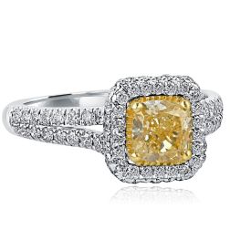 1.64 Carat Cushion Yellow Diamond Engagement Ring 18k White Gold 