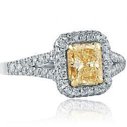 1.61Ct Radiant Cut Yellow Diamond Engagement Ring 18k White Gold 