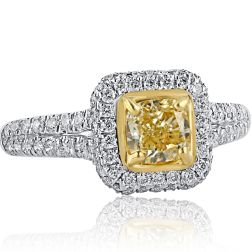1.40 Carat Cushion Yellow Diamond Engagement Ring 18k White Gold 