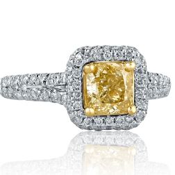 1.57Ct Cushion Cut Yellow Diamond Engagement Ring 18k White Gold 