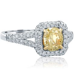 1.63 Carat Cushion Yellow Diamond Engagement Ring 18k White Gold