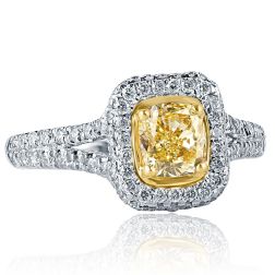1.40 Ct Cushion Cut Yellow Diamond Engagement Halo Ring 18k Gold 