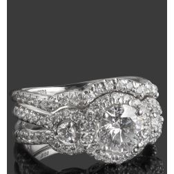 2.11 Carat Round Cut Diamond Halo Ring Bridal Set 18k White Gold