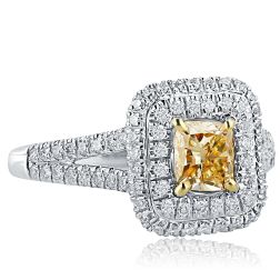 1.38 Carat Cushion Yellow Diamond Engagement Ring 18k White Gold
