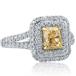 1.74 TCW Radiant Cut Yellow Diamond Halo Engagement Ring 18k White Gold 