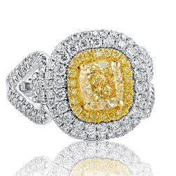 GIA 2.60 TCW Yellow Cushion Cut Diamond Engagement Ring 18k Gold