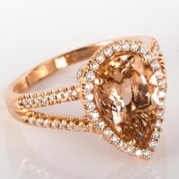 2.98 Ct  Pear Peach Morganite Diamond Engagement Ring 14k Rose Gold
