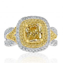 GIA 2.14 Ct Cushion Yellow Diamond Engagement Ring 18k White Gold