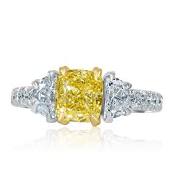 3 Stone GIA 2.48CT Cushion Fancy Yellow Diamond Ring 18k Gold