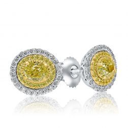 1.16Ct Oval Cut Double Halo Yellow Diamond Stud Earrings 14k Gold