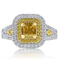 GIA 1.57 Ct Cushion Yellow Diamond Engagement Ring 18k White Gold