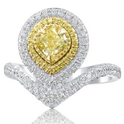 1.17 Ct Cushion Natural Yellow Offset Diamond Ring 14k White Gold
