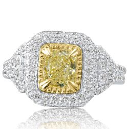 2.39 Ctw Cushion Natural Fancy Yellow Diamond Ring 18k White Gold