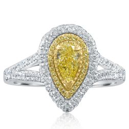 1.08Ct Pear Natural Yellow Diamond Engagement Ring 18k White Gold