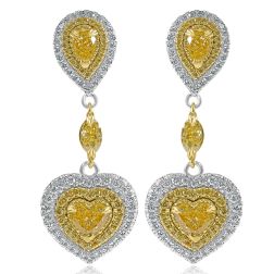 Art Deco 3.00Ct Heart Fancy Yellow Diamond Drop Earrings 18k Gold