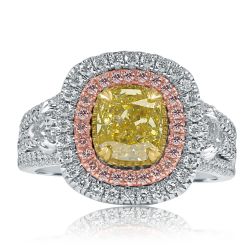 GIA 2.64Carat Cushion Natural Fancy Yellow Diamond Ring 18k Gold 