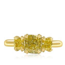GIA 1.61 Carat Cushion Fancy Yellow Diamond 3 Stone Ring 18k Gold