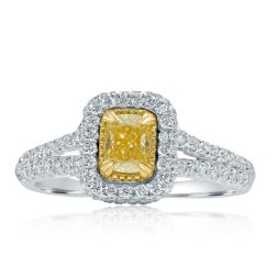 1.06 Ct Cushion Yellow Diamond Engagement Ring 18k White Gold