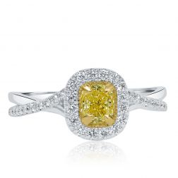 0.65 Ct Cushion Cut Yellow Diamond Engagement Ring 14k White Gold