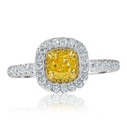 GIA 1.18 Ct Cushion Cut Fancy Yellow Diamond Ring 18k White Gold