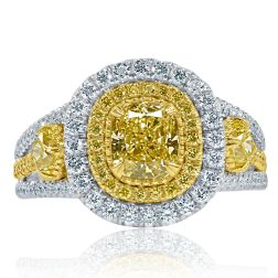 GIA 1.88 Carat Cushion Cut Natural Fancy Yellow Diamond Ring 18k Gold