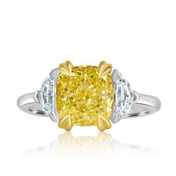 GIA 3.57 CT 3 Stone Cushion Light Yellow Diamond Ring 18k Gold