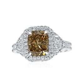 3.38 Ct Fancy Light Brown Cushion Cut Diamond Engagement Ring 18k White Gold