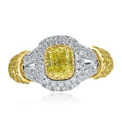 GIA 1.48 CT Cushion Natural Fancy Yellow Diamond Ring 18k White Gold