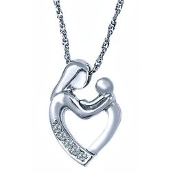 Diamond Mother Child Heart Pendant Necklace 18" 10k White Gold Loving Family