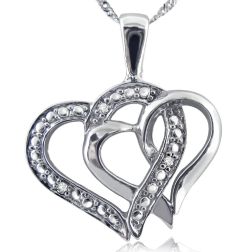 Diamond Double Heart Love Pendant Necklace 18" 10k White Gold