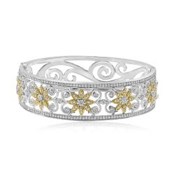 2.50 Ct Diamond Floral Bangle Hinged Bracelet 14k White Gold 