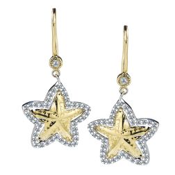 0.54 Ct Diamond Star Design Dangle Earrings 14k Two Tone Gold 
