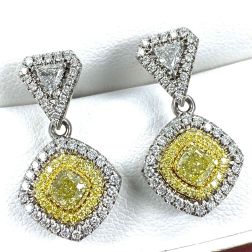 1.62 TCW Cushion Natural Fancy Yellow Diamond Dangle Earrings 14k Gold