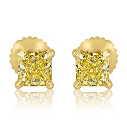 GIA 1.42Ct Radiant Fancy Light Yellow Diamond Stud Earrings 18k Gold