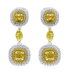2.84 Carat Cushion Yellow Diamond Dangle Earrings 14k White Gold 