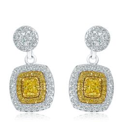 Cushion Natural Fancy Yellow 1.62CT Diamond Drop Dangle Earrings 14k Gold