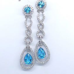 2.80Ct Teardrop Blue Topaz Diamond Dangle Earrings 14k White Gold