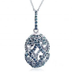 Blue Diamond Faberge Style Egg Pendant Necklace 10k White Gold (1.50 ctw)