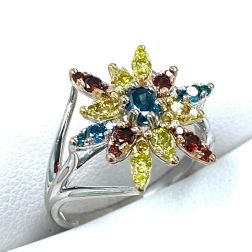 0.86 TCW Blue Red Yellow Diamond Cocktail Ring 14k White Gold