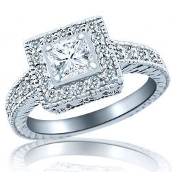 1.03 Ct Princess Cut Diamond Engagement Halo Ring 14K White Gold 